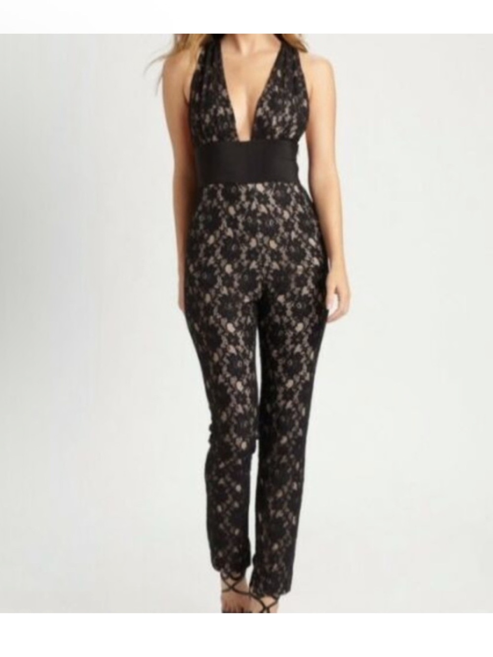 BCBGMaxAzria Black Lace Halter Jumpsuit with Waistband
